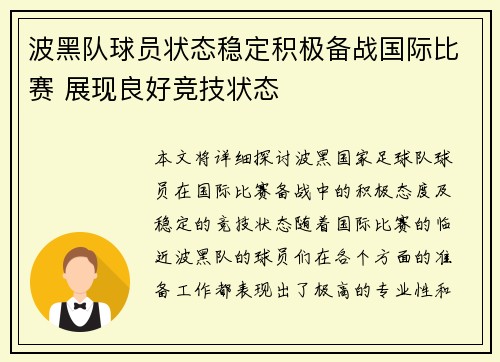 波黑队球员状态稳定积极备战国际比赛 展现良好竞技状态
